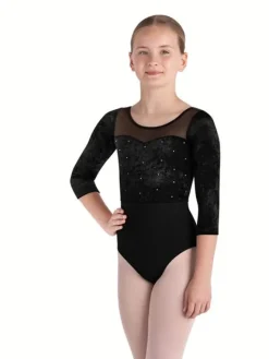 Børn Dansebutikken Balletdragter Børn-Bloch halvlang ærmet dragt i sort med mesh og velour