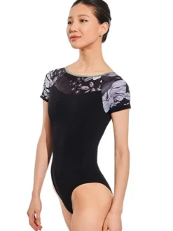 Dame Dansebutikken Balletdragter Damer-Grishko dragt i sort med korte ærmer og grafisk print