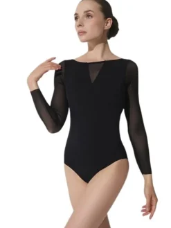 Dame Dansebutikken Dragter Til Skøjteløb|Balletdragter Damer-Grishko langærmet dragt i sort med mesh detaljer