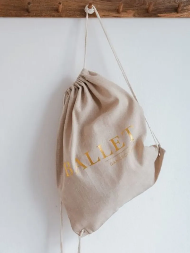 Dansebutikken Andet Til Ballet-Hør rygsæk/mulepose med guld BALLET skrift