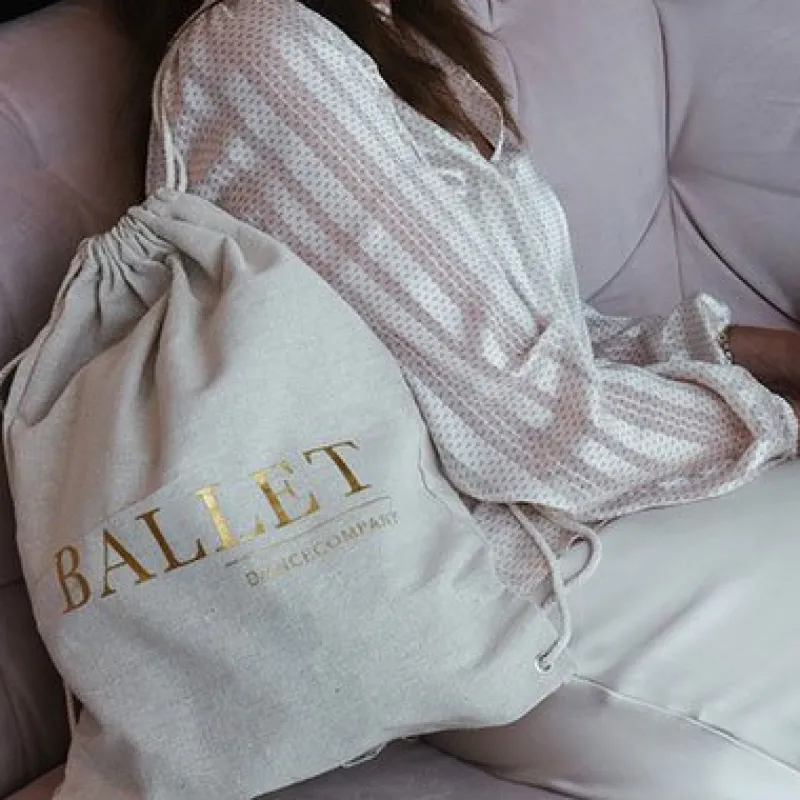 Dansebutikken Andet Til Ballet-Hør rygsæk/mulepose med guld BALLET skrift