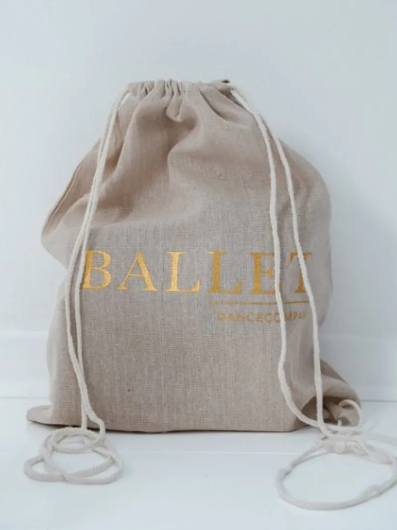 Dansebutikken Andet Til Ballet-Hør rygsæk/mulepose med guld BALLET skrift