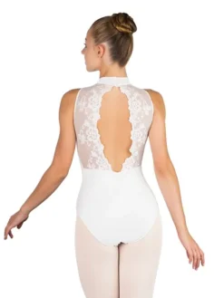 Dame Dansebutikken Balletdragter Damer|Dansebody Damer-Hvid dragt m. blonde og høj hals fra Ballet Rosa