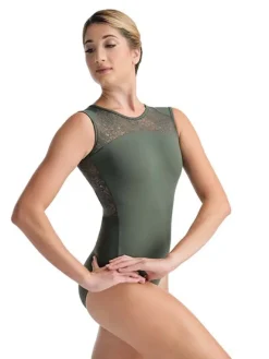 Dame Dansebutikken Balletdragter Damer-Olivengrøn dragt m. blonde og flot ryg fra ballet Rosa