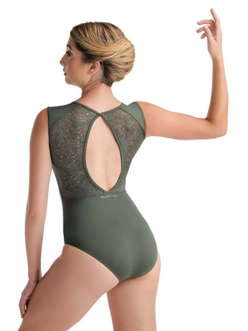 Dame Dansebutikken Balletdragter Damer-Olivengrøn dragt m. blonde og flot ryg fra ballet Rosa