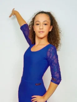 Dansebutikken Dansetøj Pige-Royal blå dansebody med 3/4 blonde ærmer - Ready4dance