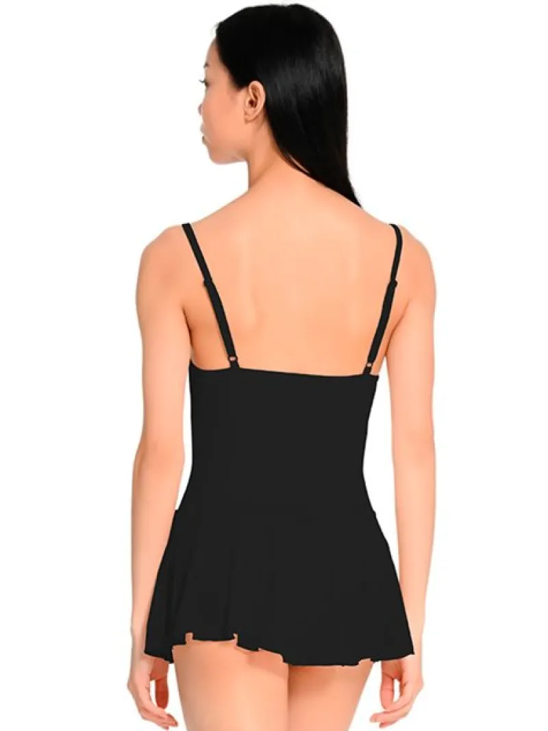 Dame Dansebutikken Dragter Damer-Seré sort dragt m. justerbare stropper og påsyet skørt