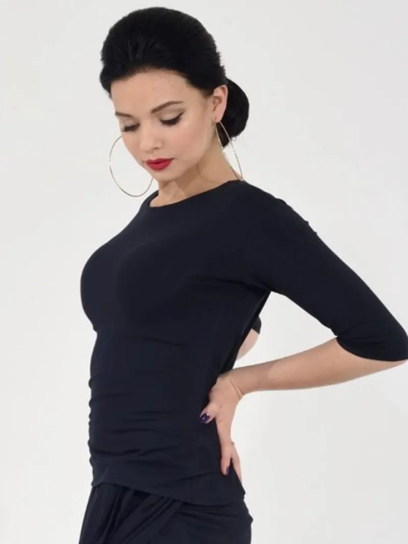 Dame Dansebutikken Danseoverdele Damer-Sort bluse med bådhals og 3/4 lange ærmer