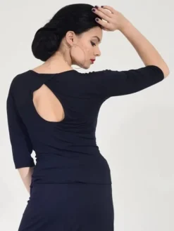 Dame Dansebutikken Danseoverdele Damer-Sort bluse med bådhals og 3/4 lange ærmer