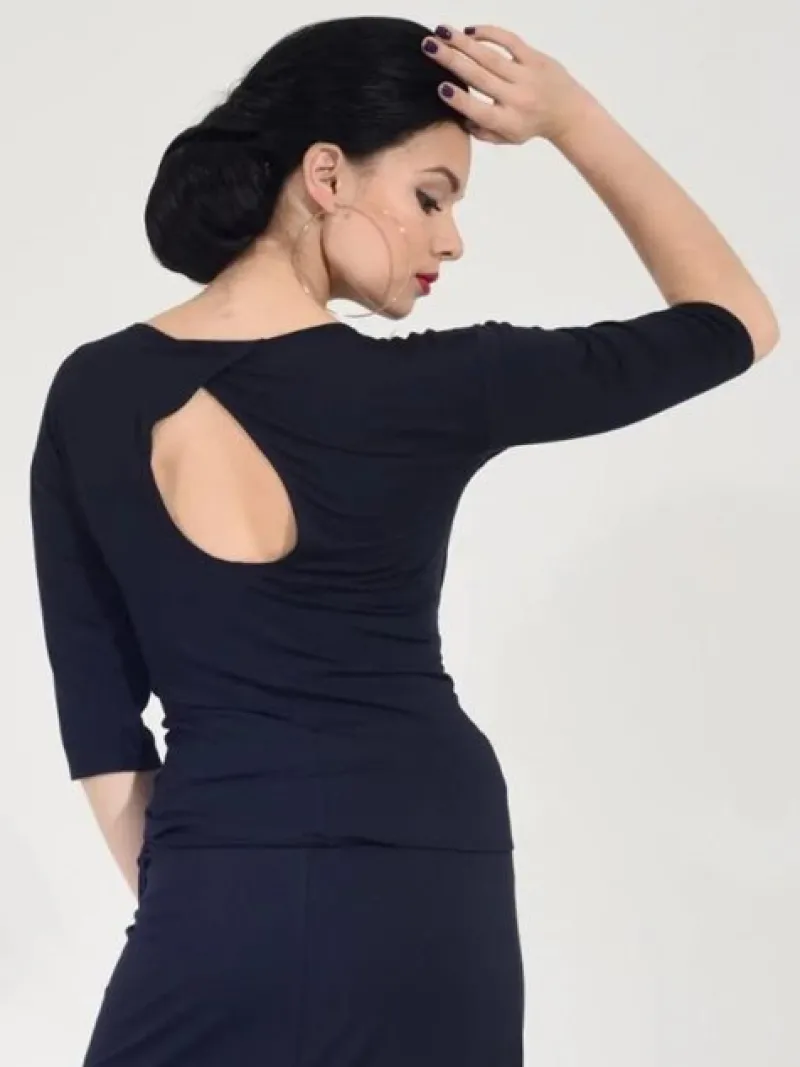 Dame Dansebutikken Danseoverdele Damer-Sort bluse med bådhals og 3/4 lange ærmer