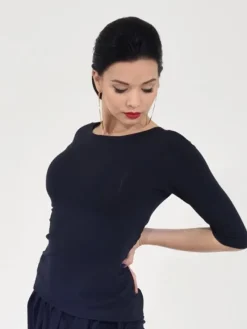 Dame Dansebutikken Danseoverdele Damer-Sort bluse med bådhals og 3/4 lange ærmer