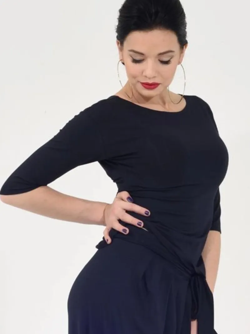 Dame Dansebutikken Danseoverdele Damer-Sort bluse med bådhals og 3/4 lange ærmer