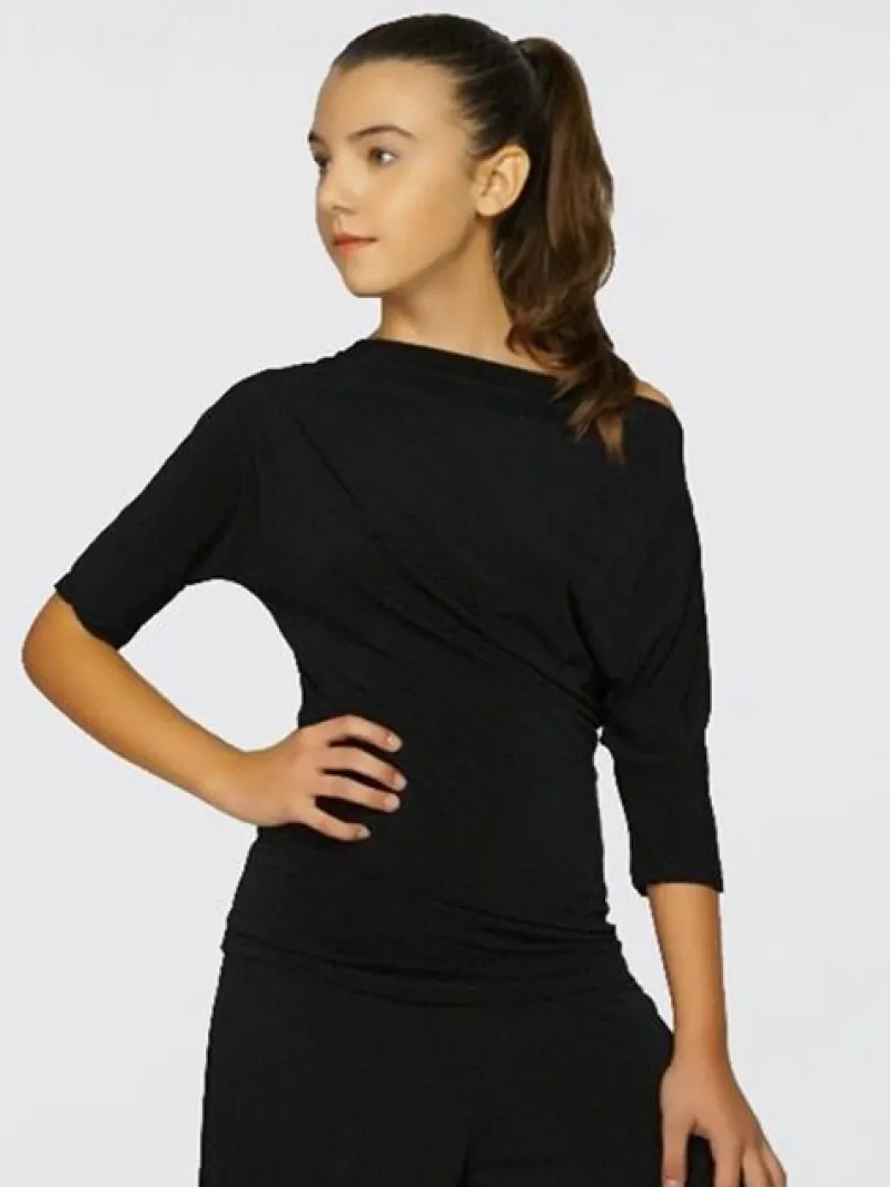 Dame Dansebutikken Danseoverdele Damer-Sort bluse med bådhals og halv lange ærmer