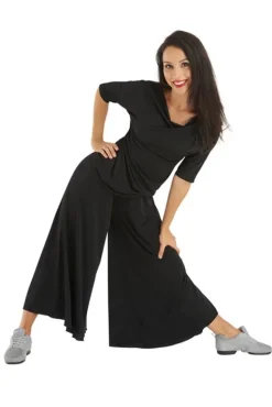 Dame Dansebutikken Danseoverdele Damer-Sort bluse med bådhals og halv lange ærmer