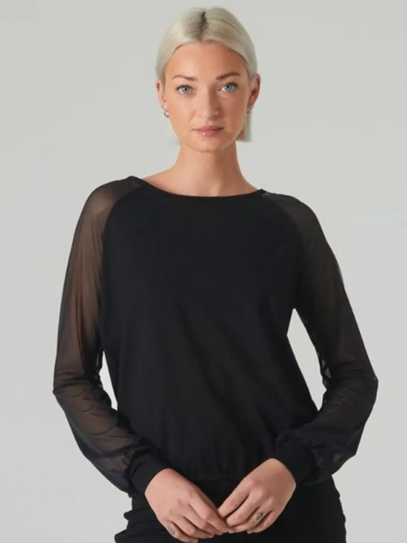 Dame Dansebutikken Danseoverdele Damer-Sort danse bluse med lange chiffon ærmer
