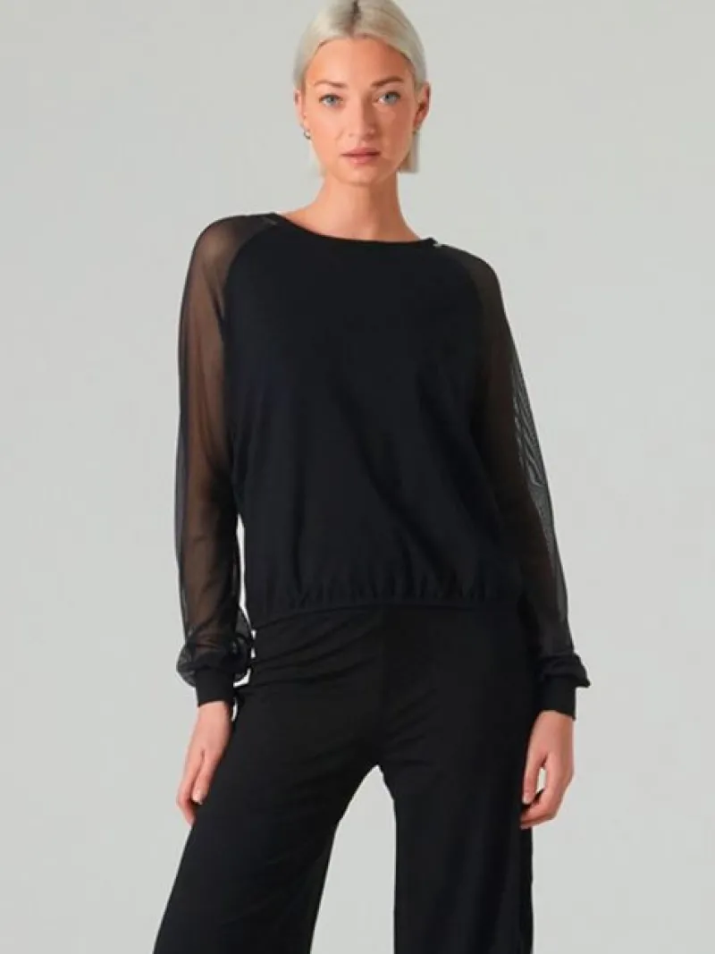 Dame Dansebutikken Danseoverdele Damer-Sort danse bluse med lange chiffon ærmer