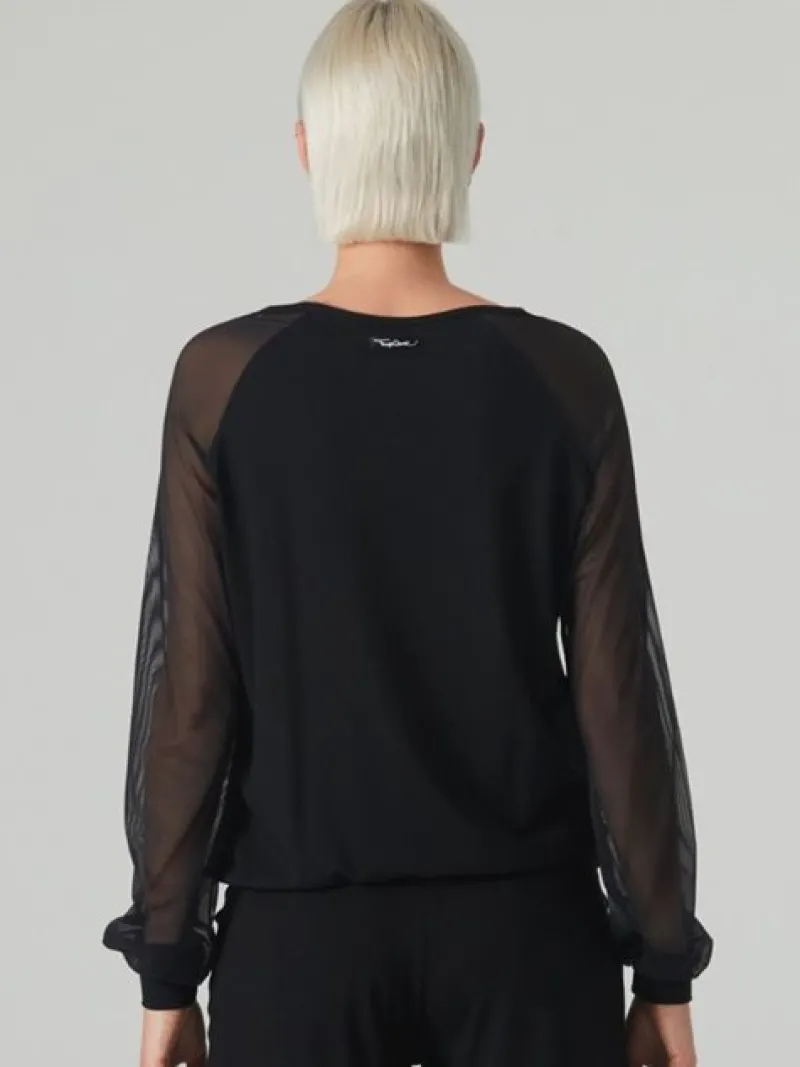 Dame Dansebutikken Danseoverdele Damer-Sort danse bluse med lange chiffon ærmer